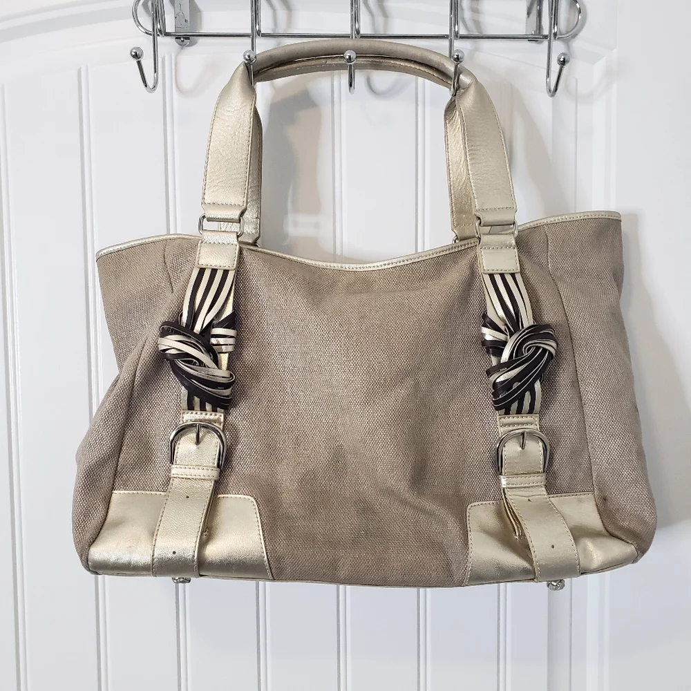 Katherine Kwei Woven Canvas Metallic And Beige Faux Leather Tote‎ Hobo Handbag
